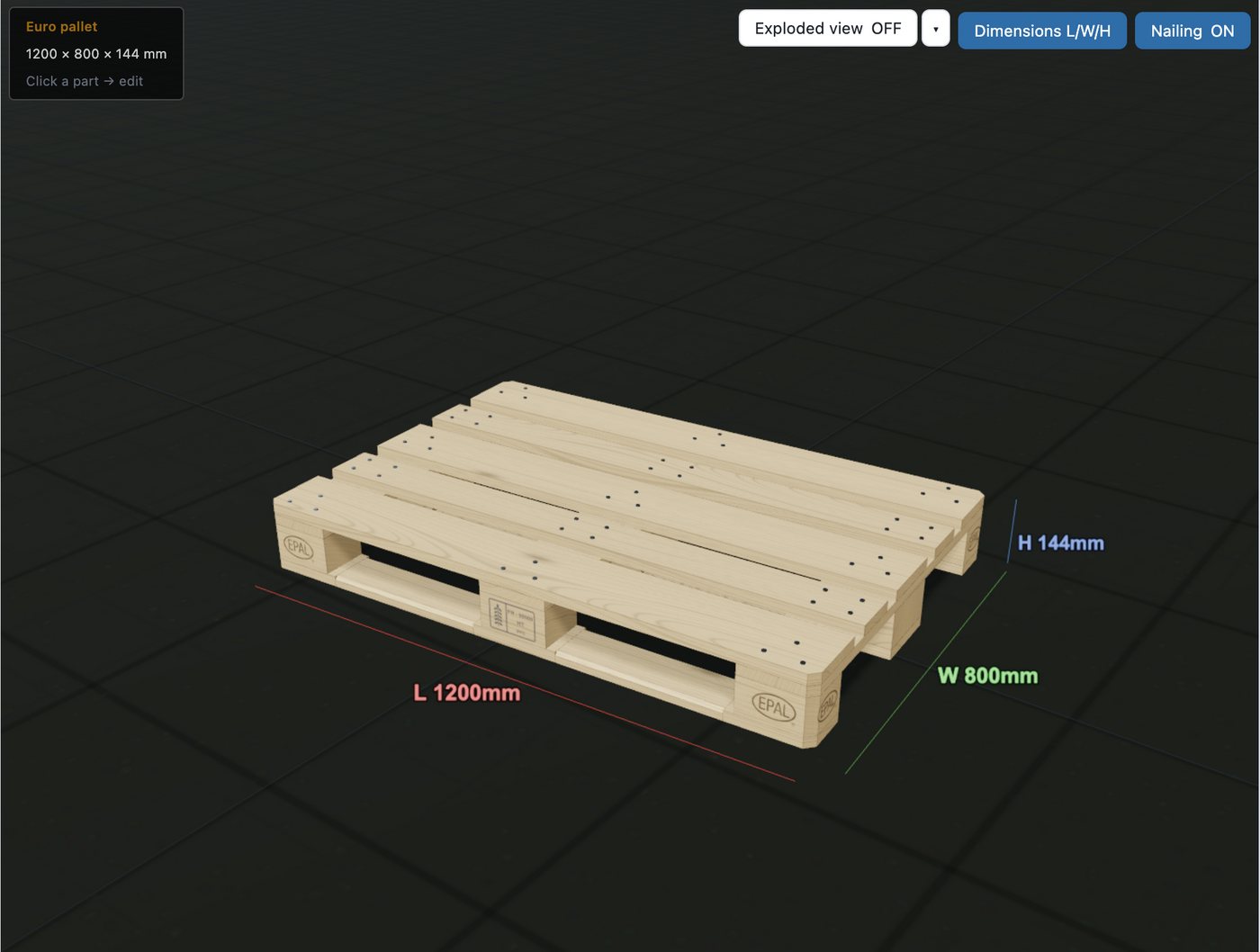 El configurador 3D de PalletLab, palet europeo acotado