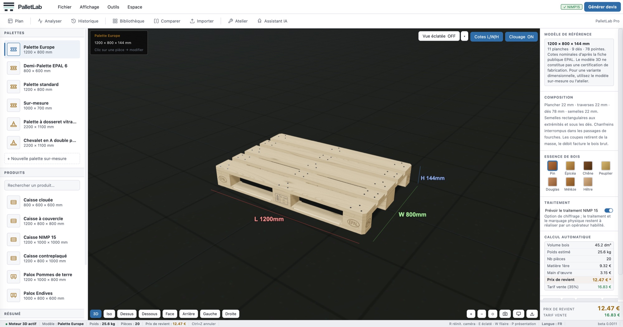 Le configurateur de PalletLab en entier : la liste des modèles, la palette Europe cotée en 3D, l'essence, le traitement et le prix de revient calculé