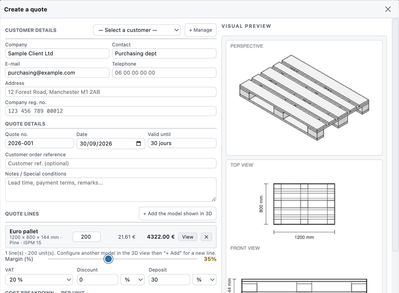 Ejemplo de presupuesto con varias líneas creado en PalletLab