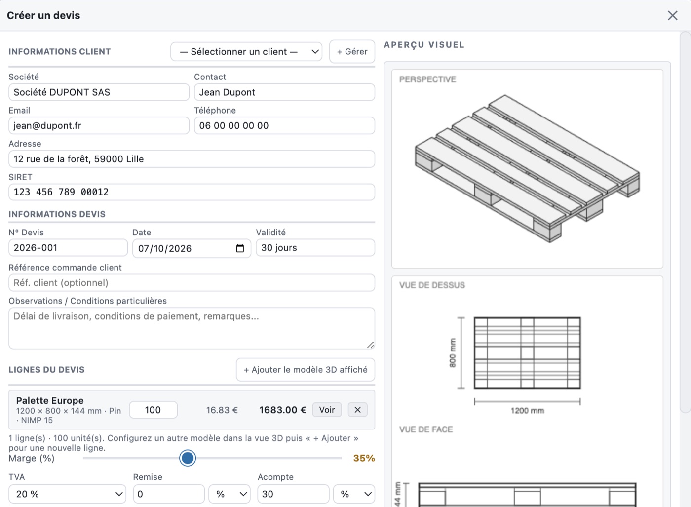 Exemple de devis à plusieurs lignes créé dans PalletLab