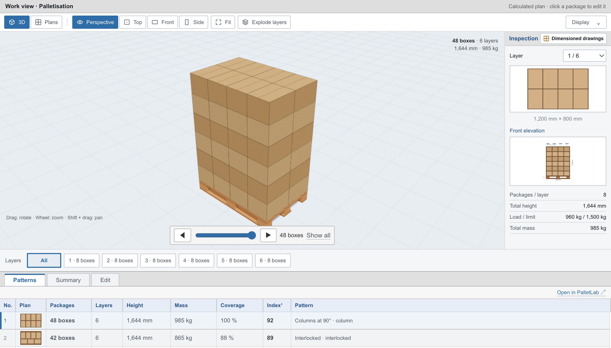 Plan de paletización en PalletLab Palletization