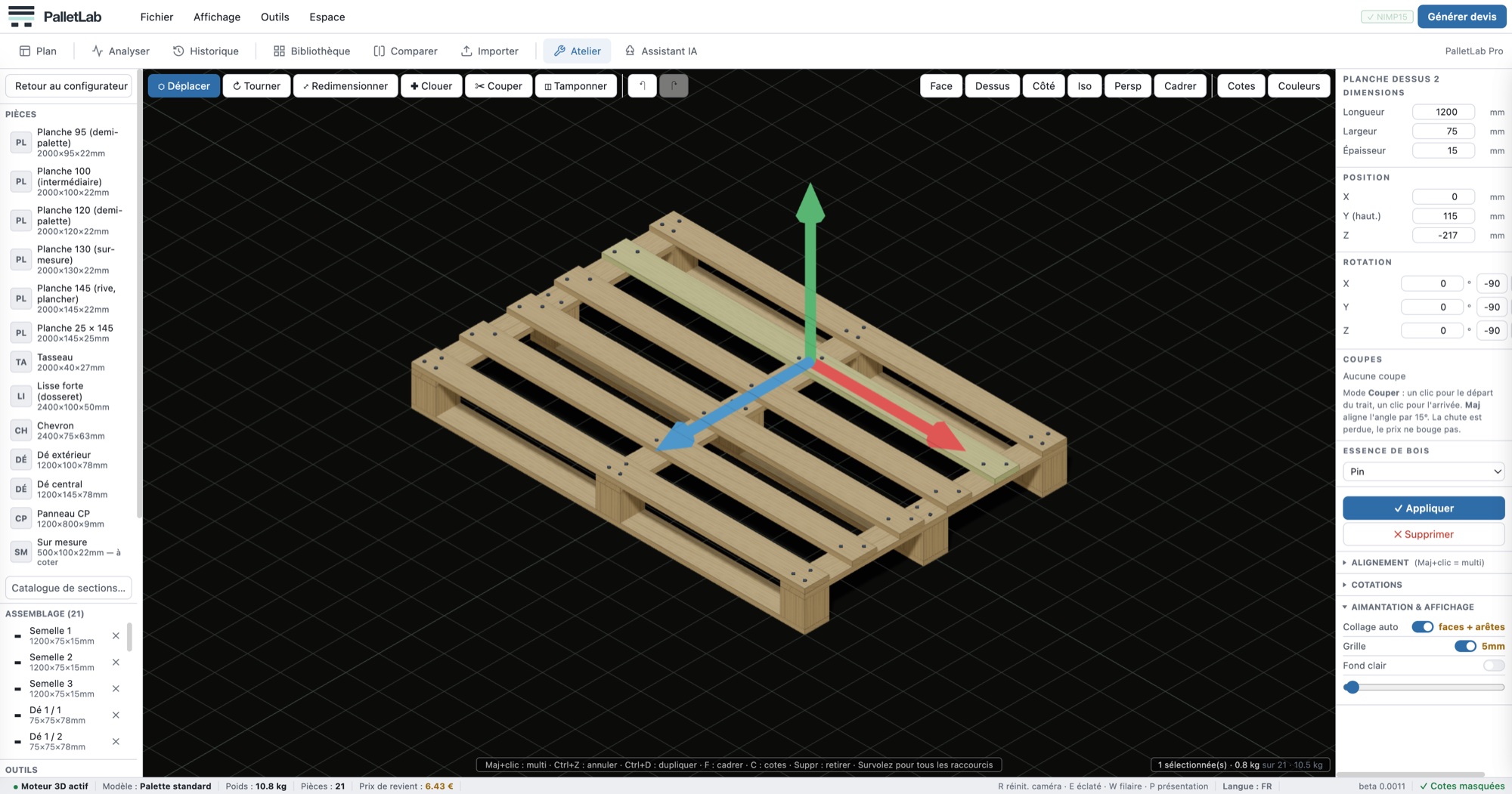 L'atelier de PalletLab : une palette 1200 × 800, une planche sélectionnée avec ses flèches de déplacement et ses cotes