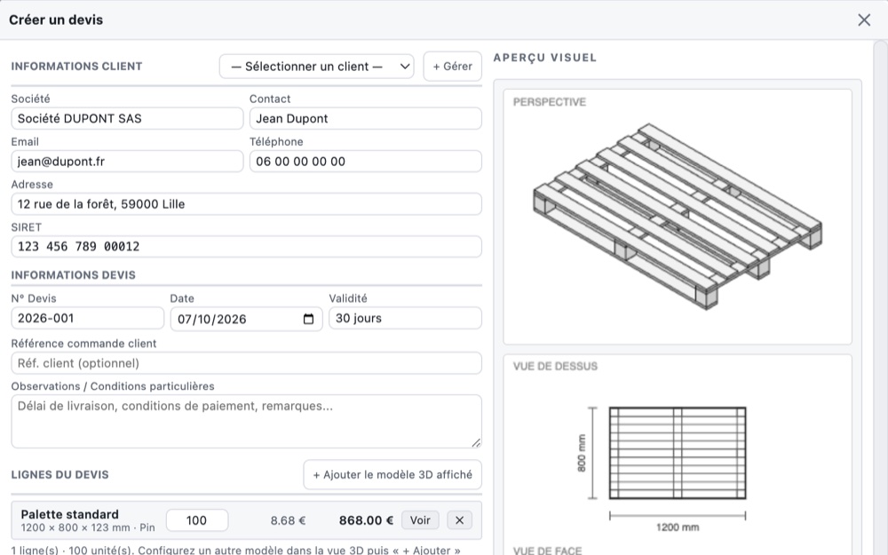 Le devis dans PalletLab : client, lignes, marge et aperçu de la palette