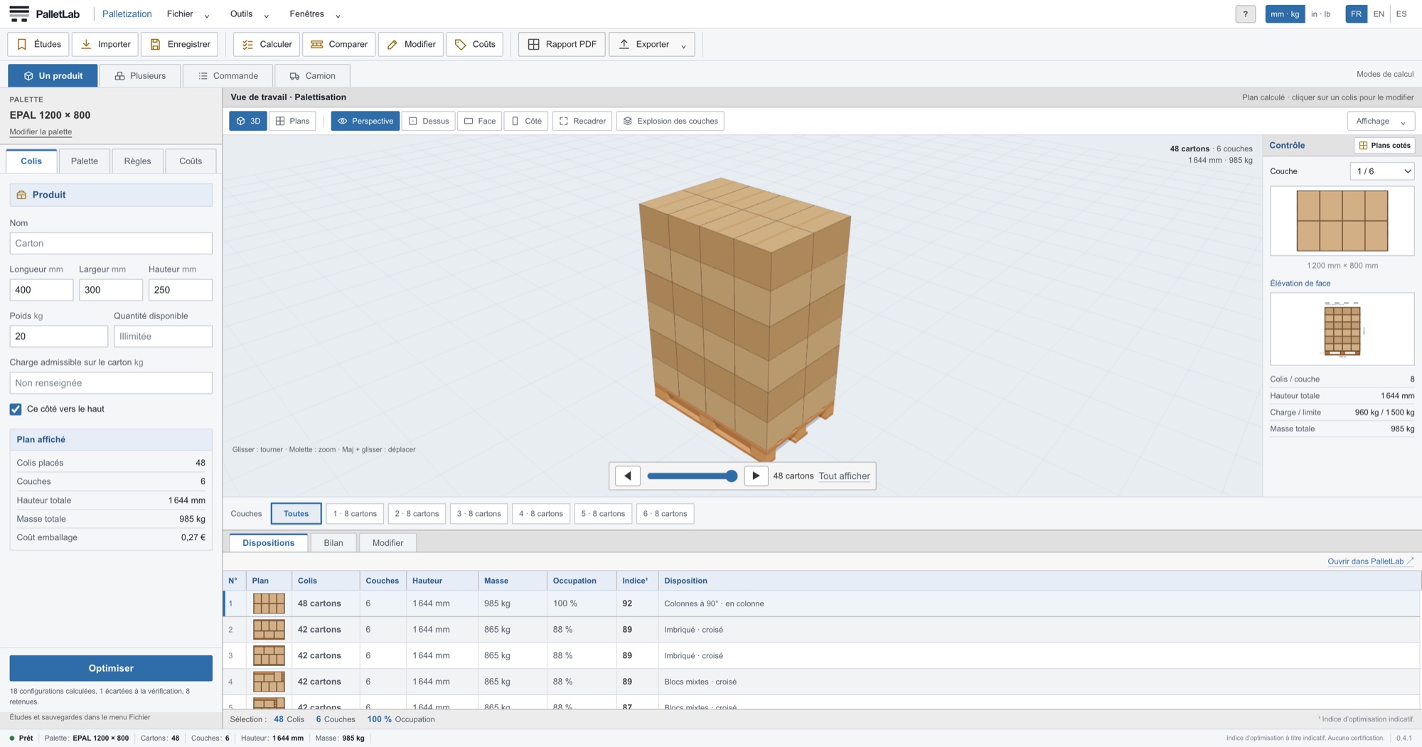 PalletLab Palletization : le produit, la palette en 3D couche par couche et les dispositions calculées, classées