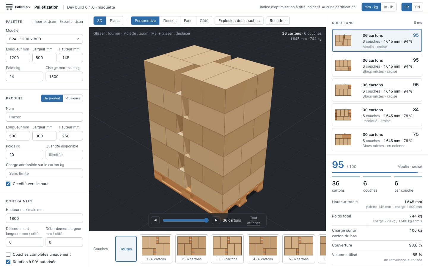 PalletLab Palletization: EPAL-pallet geladen met 36 dozen in molenpatroon in verband, zes lagen, lijst met oplossingen en index rechts