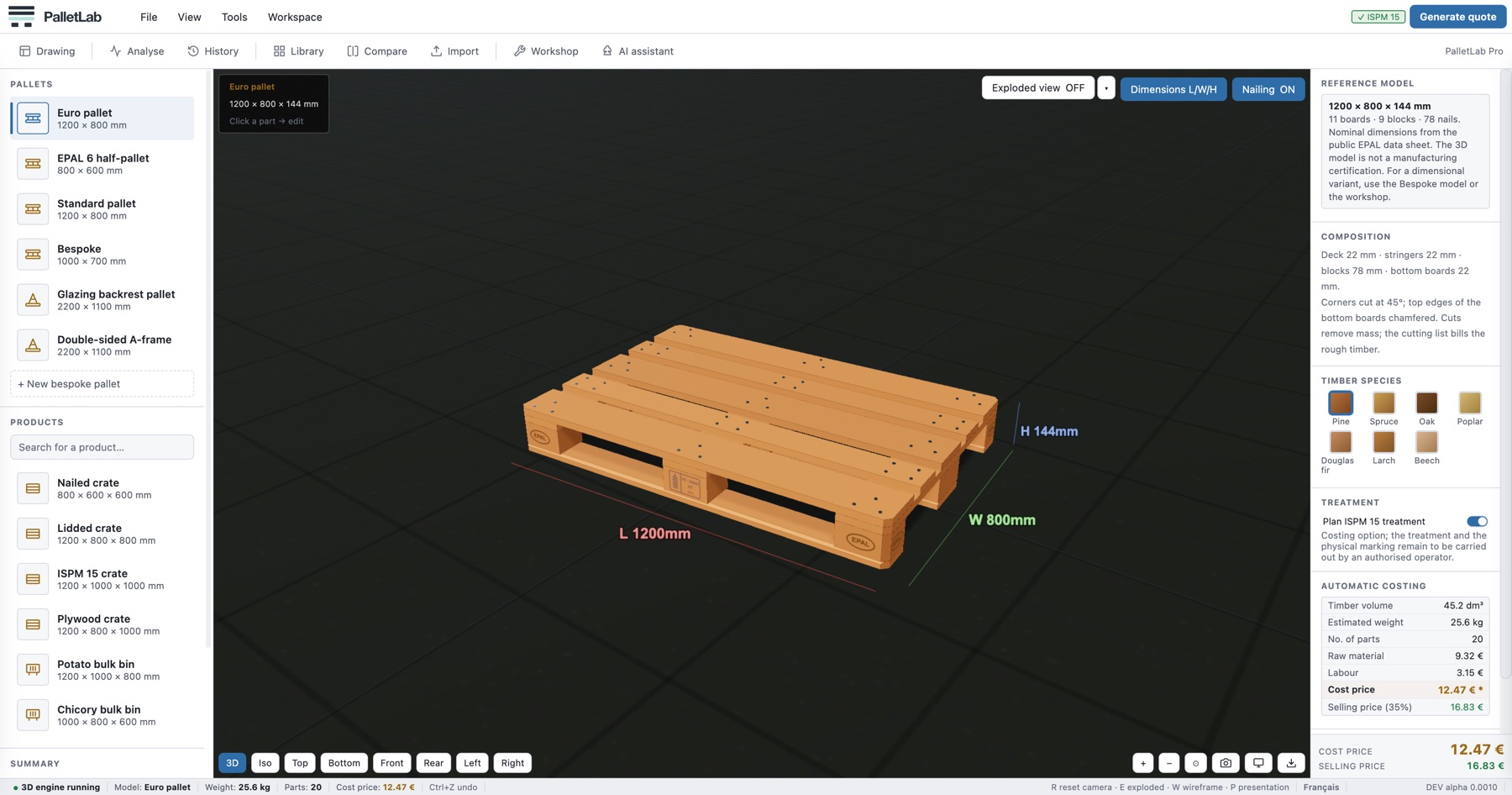 El configurador de PalletLab: un palet europeo en 3D en el centro, las medidas y la especie a la derecha, y el precio de coste al pie del panel