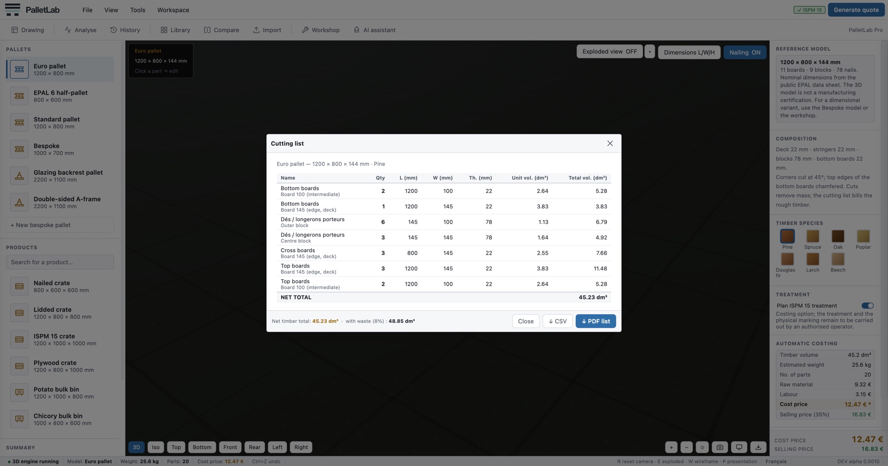 La lista de corte de PalletLab: tabla de piezas con denominación, cantidad, longitud, anchura, espesor y volúmenes
