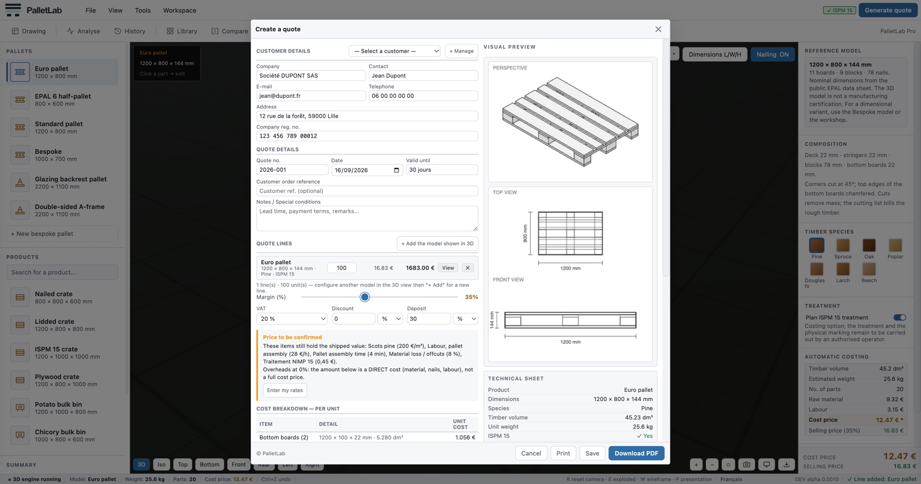 La ventana de creación de presupuestos de PalletLab: datos del cliente, líneas del presupuesto, margen, IVA y vista previa del modelo en perspectiva y en vistas técnicas